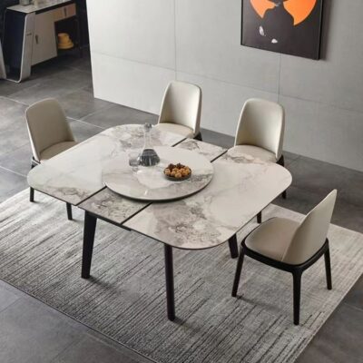极简小户型家用香奈儿亮光岩板餐厅带转盘伸缩餐桌