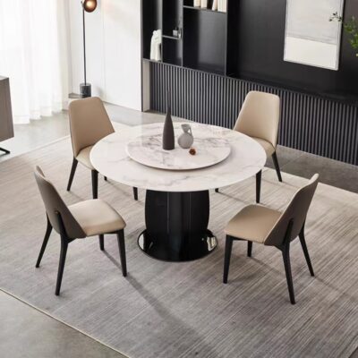 意式极简圆形餐桌家用彩晶石圆餐桌