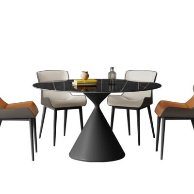 意式极简哑光劳伦黑金岩板餐桌小户型家用圆形饭桌