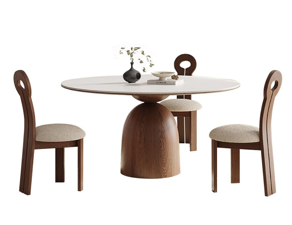 中古风系列 小户型家用餐厅纯白哑光岩板带转盘圆形餐桌