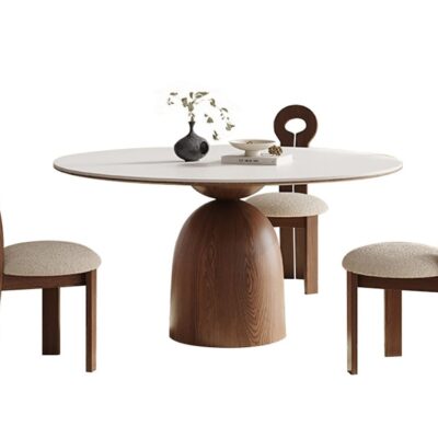 中古风系列 小户型家用餐厅纯白哑光岩板带转盘圆形餐桌