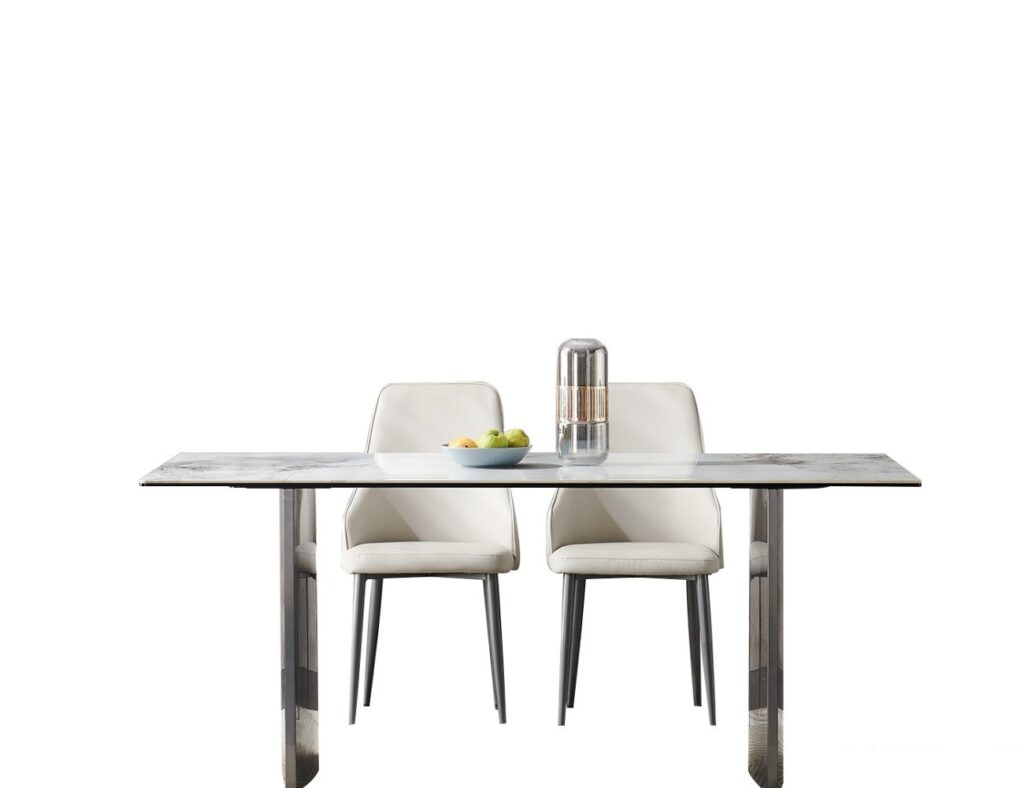 意式极简不锈钢底架长方形餐桌简约大气6+8厘复合亮光香奈儿面板餐桌