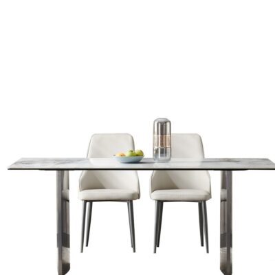意式极简不锈钢底架长方形餐桌简约大气6+8厘复合亮光香奈儿面板餐桌