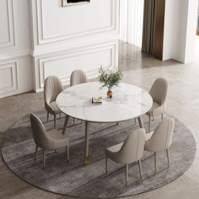 轻奢系列 雪山白亮光岩板意式伸缩餐桌