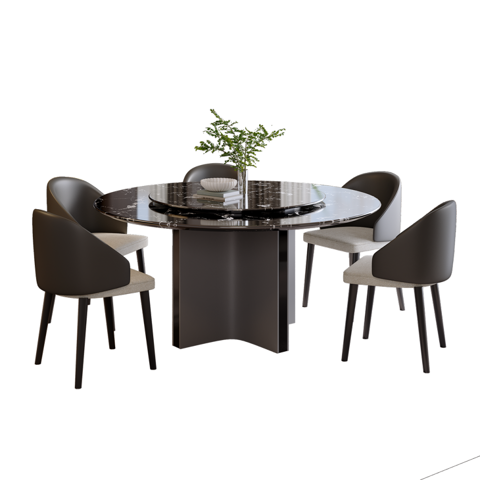 意式极简风家用带转盘圆餐台加厚35mm天然黑玫瑰奢石台面餐桌