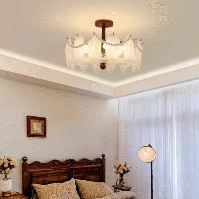 吸顶灯系列 设计感羽毛玻璃灯罩吸顶灯 中古风卧室三色变光照明灯