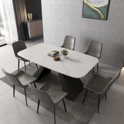 摩登系列极简风格 哑光雪山白岩板碳素钢底座a型餐桌
