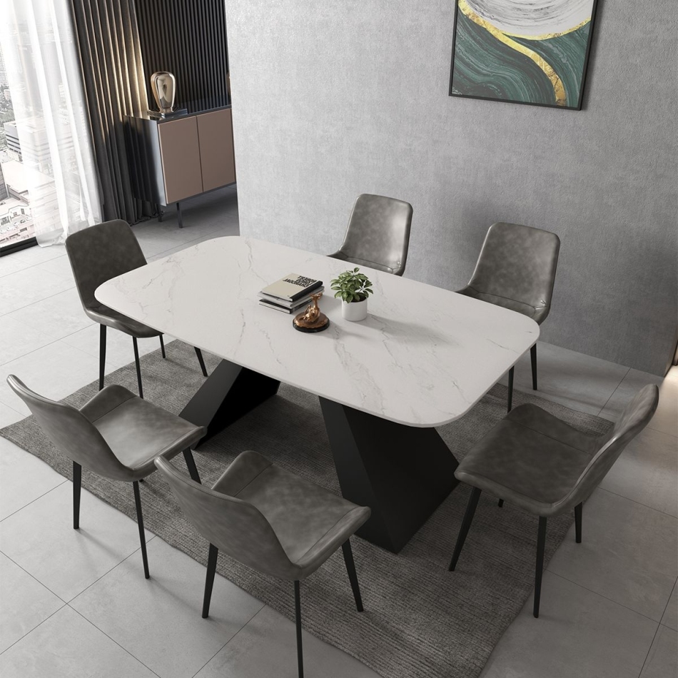 摩登系列极简风格 哑光雪山白岩板碳素钢底座a型餐桌 摩登系列极简风格 哑光雪山白岩板碳素钢底座a型餐桌