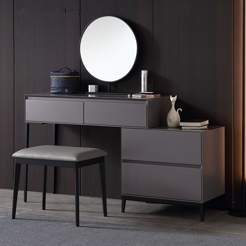 意式简约伸缩梳妆台极简时尚妆台妆凳组合(带边柜)
