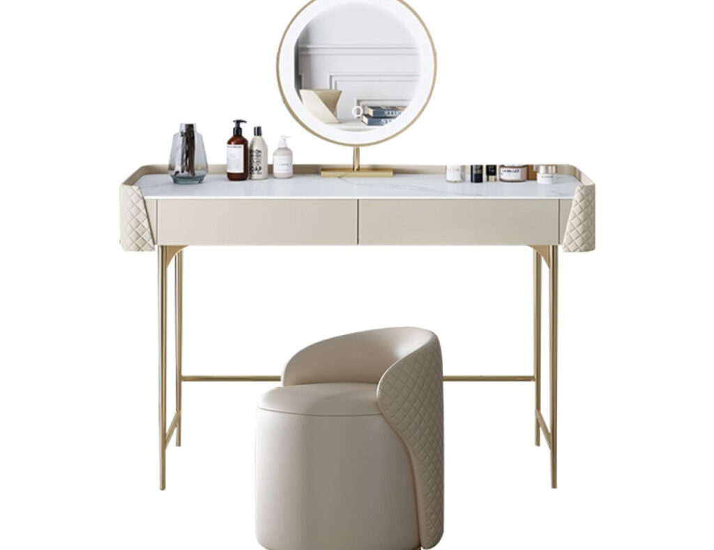 轻奢岩板梳妆台带灯镜卧室扪皮储物一体妆台组合(无边柜)