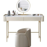 轻奢岩板梳妆台带灯镜卧室扪皮储物一体妆台组合(无边柜)