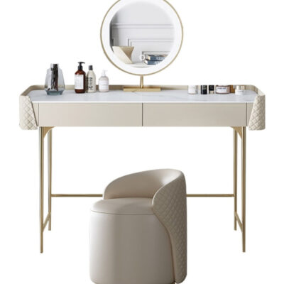 轻奢岩板梳妆台带灯镜卧室扪皮储物一体妆台组合(无边柜)