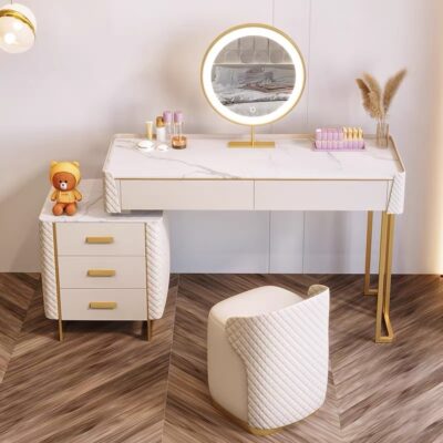 轻奢岩板伸缩梳妆台带灯镜卧室扪皮储物一体妆台组合(带边柜)