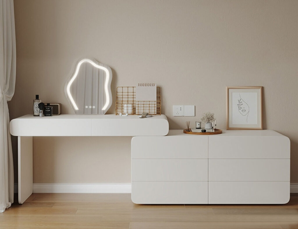 时尚收纳一体梳妆台卧室烤漆工艺妆台妆镜边柜组合(带大边柜)