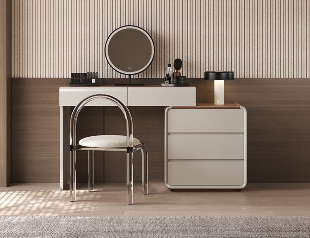 极简风格 大小户型卧室可自由摆放伸缩梳妆台 环保烤漆工艺 边柜+妆台+妆镜+妆凳组合