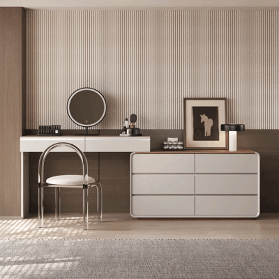 极简风格 大小户型卧室可自由摆放伸缩梳妆台 白蜡木纹饰面+环保烤漆工艺妆柜 妆台+边柜+妆凳组合