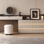 极简风格 卧室可自由摆放伸缩梳妆台 环保烤漆工艺+钢化玻璃柜面 边柜+妆台+妆镜+妆凳组合