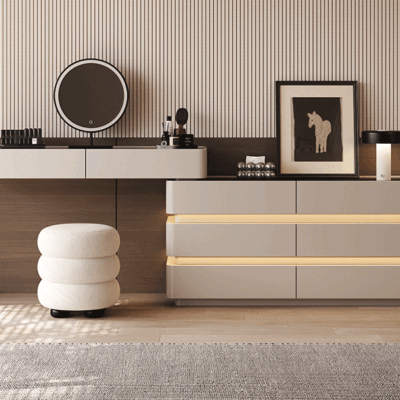 极简风格 卧室可自由摆放伸缩梳妆台 环保烤漆工艺+钢化玻璃柜面 边柜+妆台+妆镜+妆凳组合