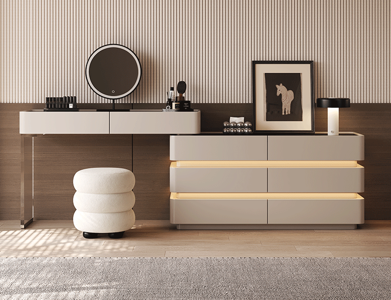 极简风格 卧室可自由摆放伸缩梳妆台 环保烤漆工艺+钢化玻璃柜面 边柜+妆台+妆镜+妆凳组合