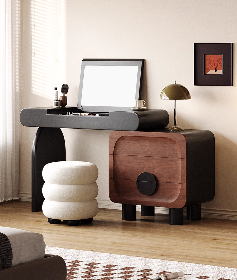 熊猫伸缩梳妆台 中古风小户型卧室收纳翻折妆镜一体化妆桌